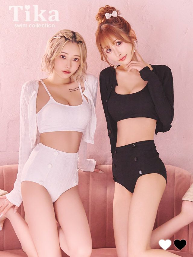 水着 2wayカーディガン付きワンカラービスチェ×ハイウエスト韓国風タンキニ