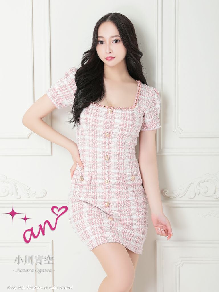 キャバドレス ミニドレス an アン 高級ガーリーフロントボタンチェック柄ツイード半袖タイトミニドレス