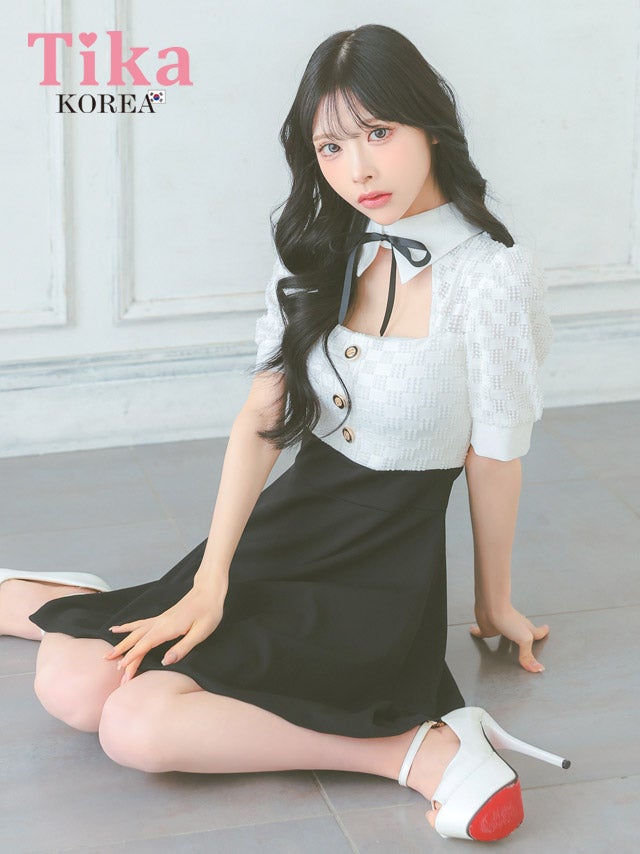 メイン画像 キャバドレス 韓国 ミニドレス ネックリボン 襟付き 半袖 バストカット モノトーン 谷間魅せ Aライン キャバドレス (緩苺着用) [tk-mdk925]