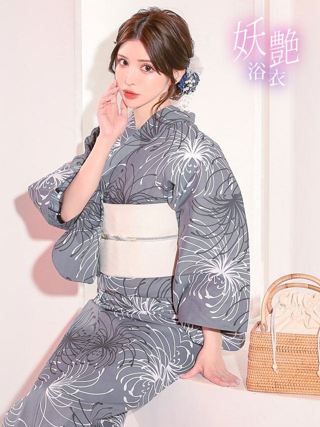 [浴衣] 妖艶 グレー×モノトーン糸菊 2点セット (ゆかた・兵児帯)