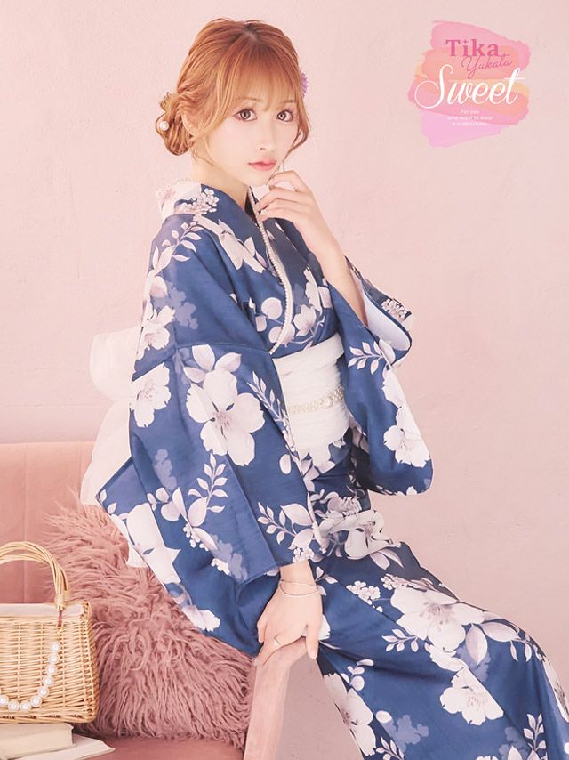 [浴衣] SWEET 青地×ニュアンス桜 3点セット (ゆかた・兵児帯・下駄)