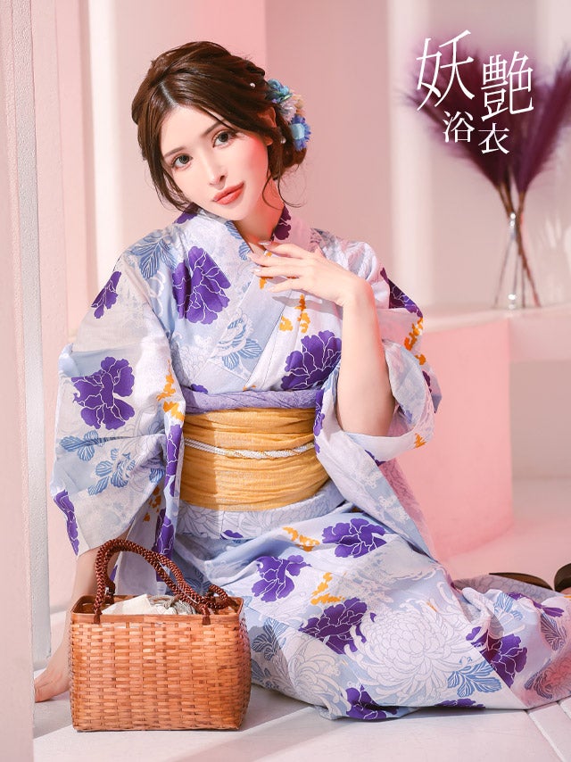 [浴衣] 華やか乱菊 大人っぽい 妖艶 ニュアンス 紫 パープル 白地 黄色 2点セット (ゆんころ着用) [tk-ykyo24-c1]