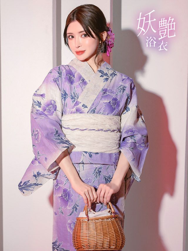 [浴衣] 妖艶 綿麻グラデーション×ポピー 2点セット (ゆかた・兵児帯)