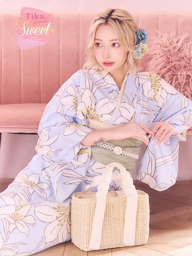 [浴衣] SWEET パステルブルー×線画白百合 3点セット (ゆかた・兵児帯)