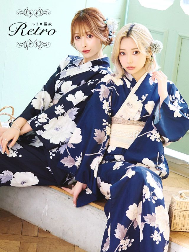 [浴衣] レトロ 華やかアンティークフラワー 3点セット (ゆかた・兵児帯・下駄)