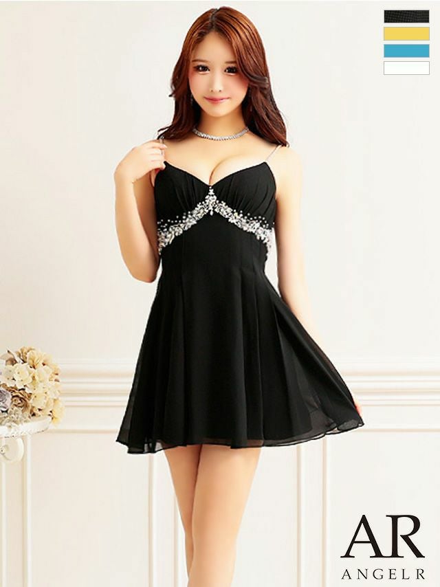 キャバドレス 可愛い Angel-R エンジェルアール 高級キラキラパールビジューキャミソールバストギャザーフレアミニドレス