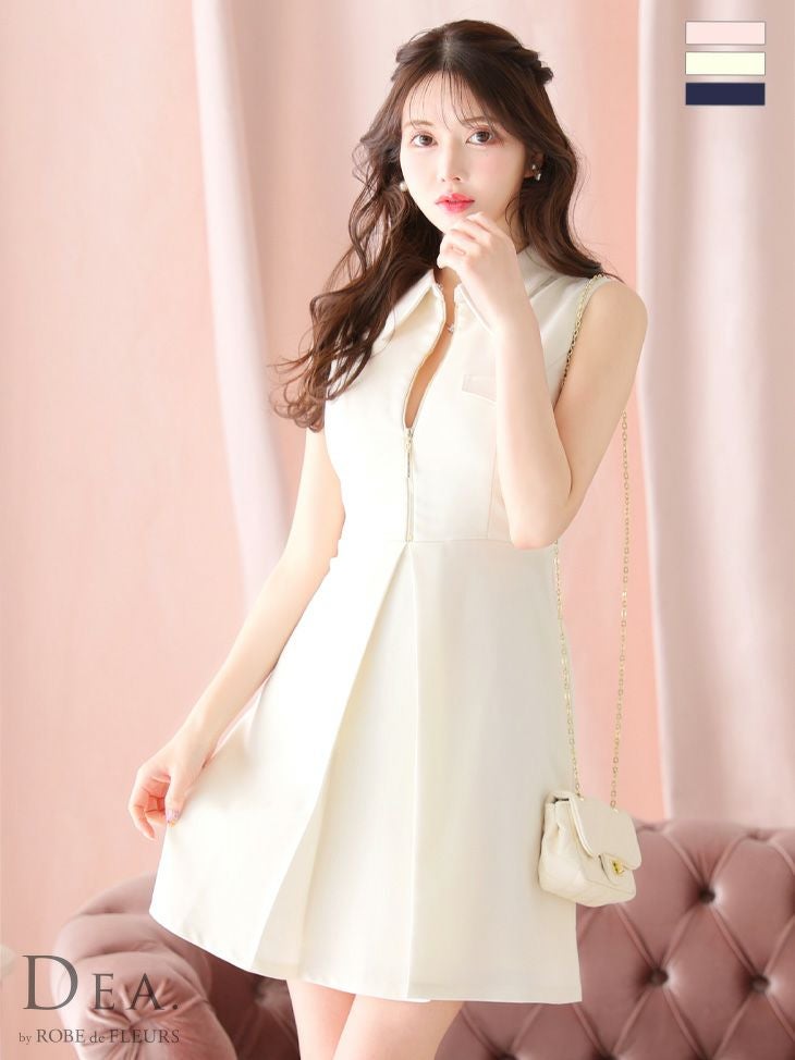 キャバドレス フレアドレス DEA.byROBEdeFLEURS ディアバイローブドフルール 高級ノースリーブ襟デザインフロントジップフェイクポケットフレアミニドレス