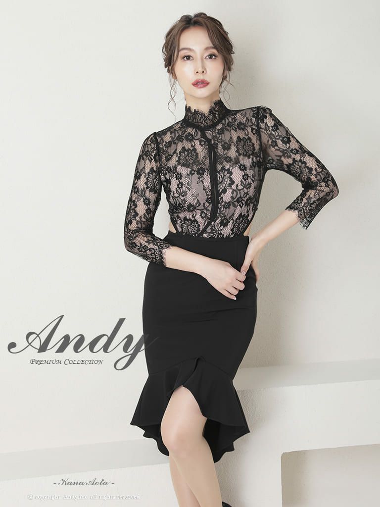 キャバドレス Andy アンディ 高級ハイネックレースカットアウト袖ありくびれタイトミニドレス