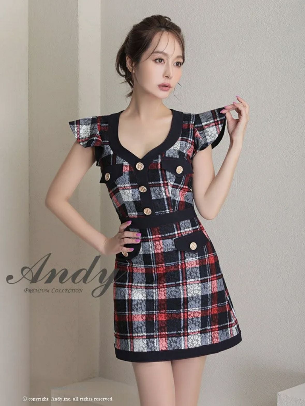 キャバドレス Andy アンディ 高級ガーリーチェック柄フリル袖ノースリーブフレアミニドレス