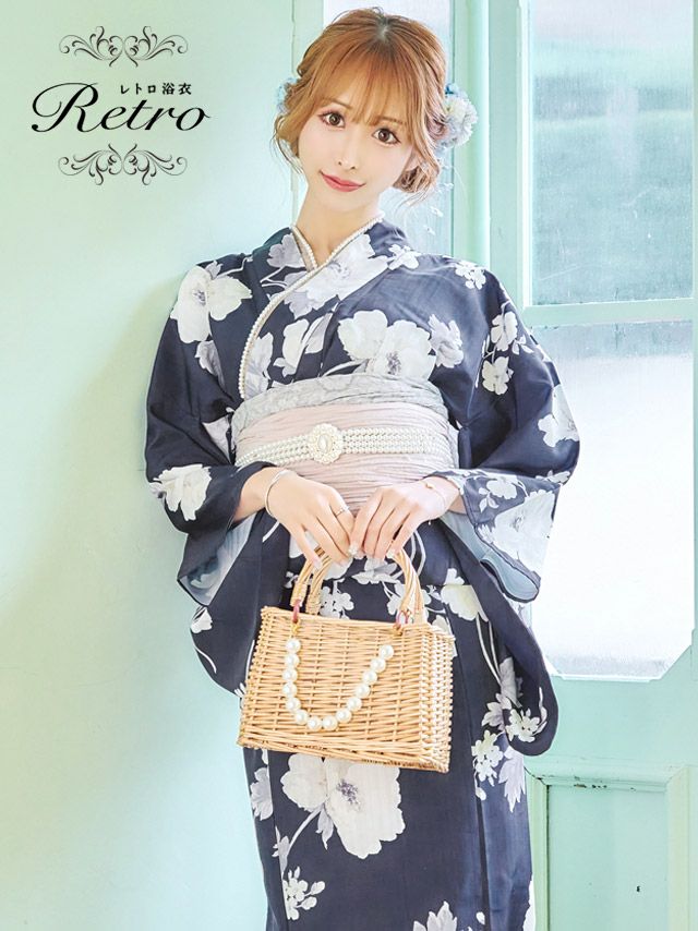 [浴衣] レトロ 濃紺×アンティークフラワー 3点セット (ゆかた・兵児帯・下駄)