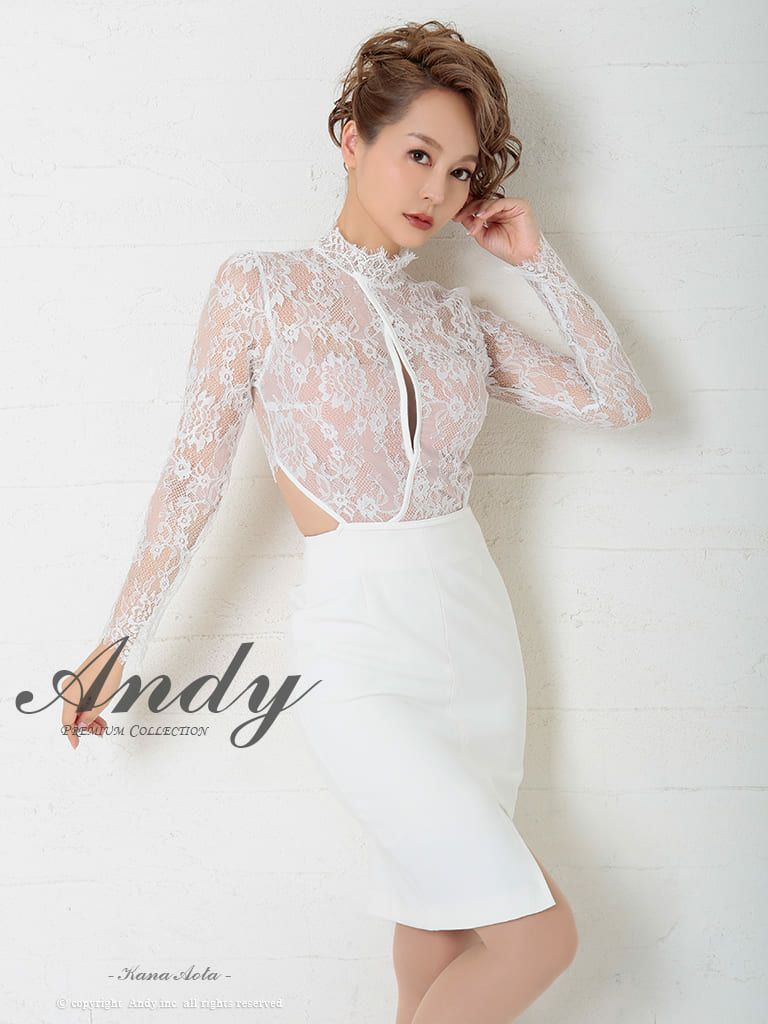 キャバドレス Andy アンディ 高級フラワーレースくびれカットアウト長袖タイトミニドレス