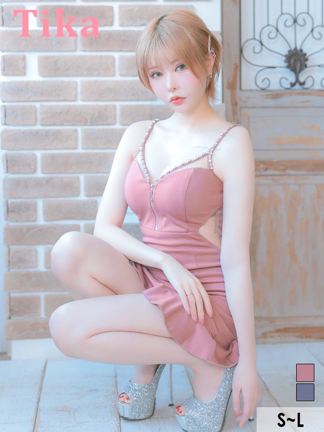 ミニドレス タイト ストレッチ ビジュー ジップ ストーン付き バストコード 裾フリル セクシー 谷間 キャミソール シースルー くびれ ピンク キャバドレス (戦慄かなの着用) [tk-md213651]