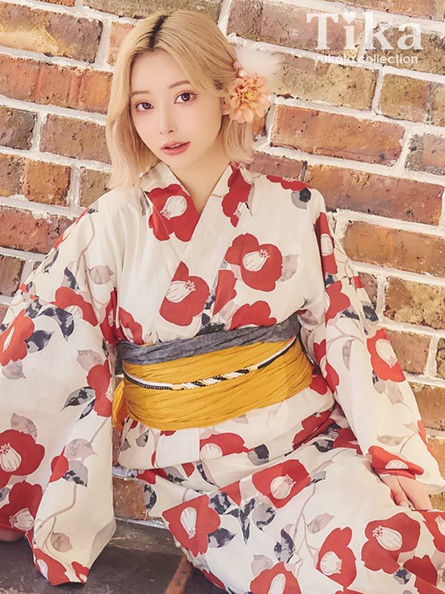 [浴衣] レトロ 生成地×赤椿 2点セット (ゆかた・兵児帯)