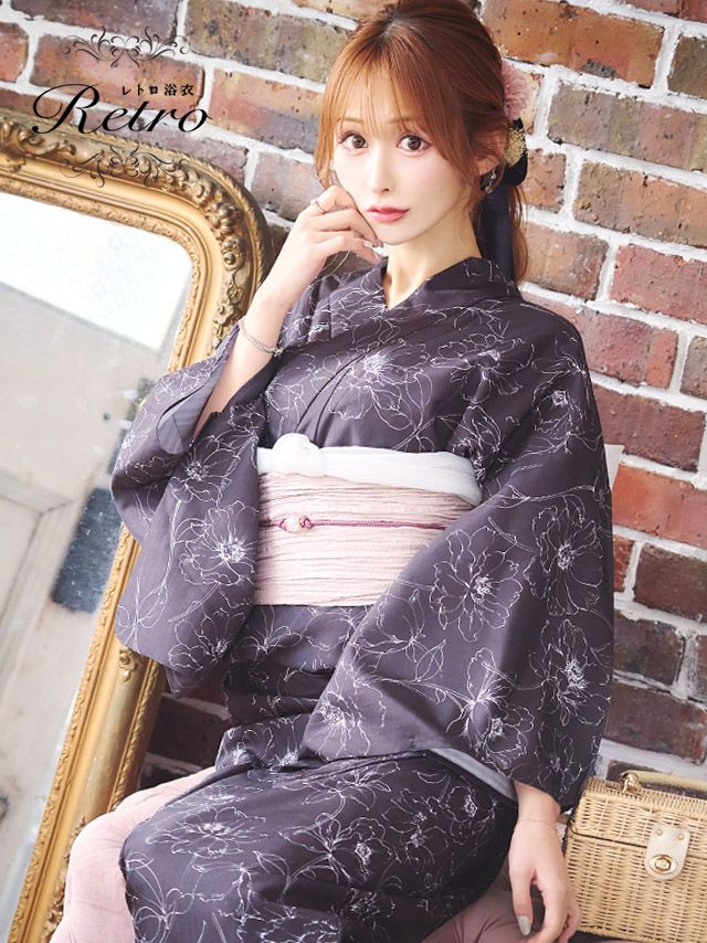 [浴衣] レトロ 黒地×線画モノトーンフラワー 3点セット (ゆかた・兵児帯・下駄)