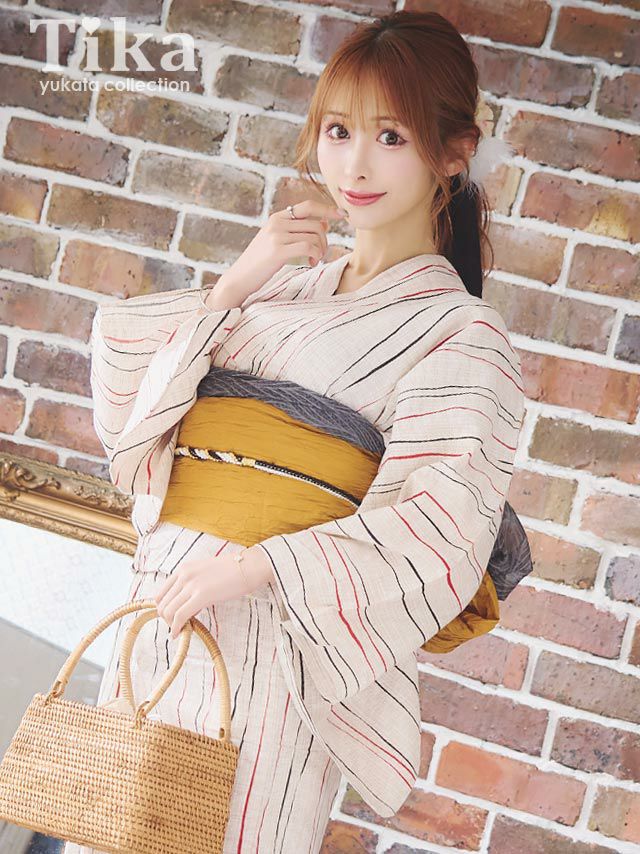 [浴衣] レトロ 生成地×2色よろけ縞 2点セット (ゆかた・兵児帯)