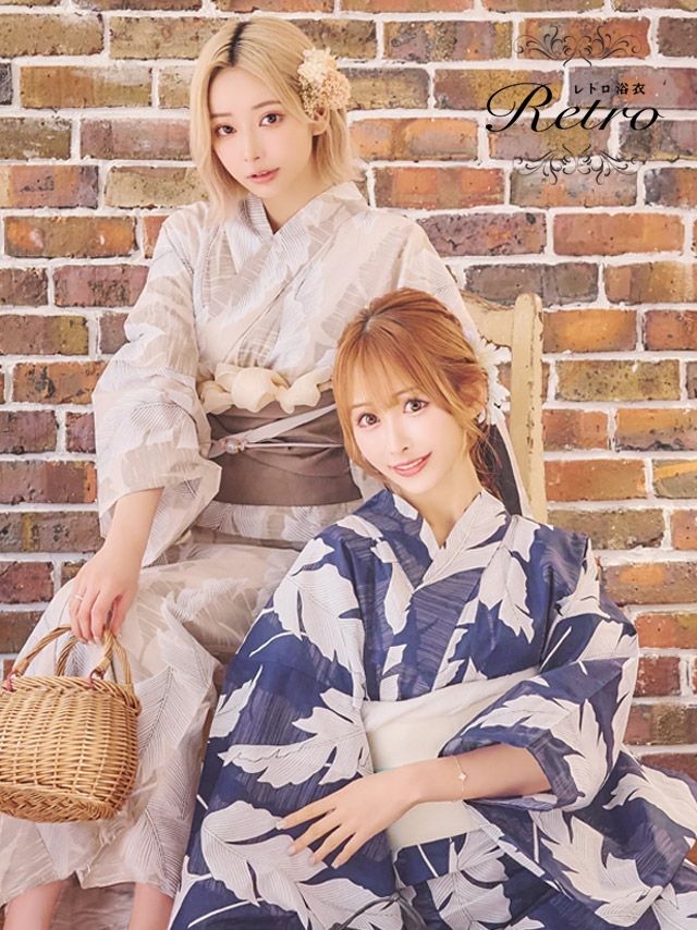 [浴衣 選べる帯] レトロ 大柄リーフ 3点セット (ゆかた・平帯or作り帯・下駄)