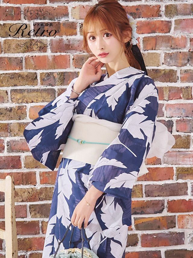 [浴衣 選べる帯] レトロ 青地×大柄リーフ 3点セット (ゆかた・平帯or作り帯・下駄)