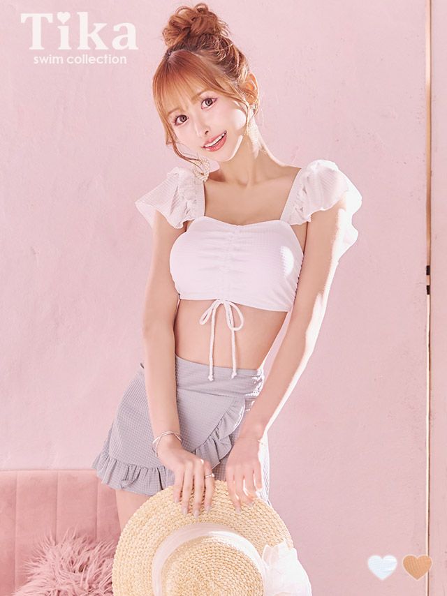 水着 バストドロストビスチェ×フレアラップ風スカート体型カバーフリル韓国風タンキニ