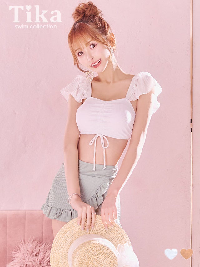 水着 バストドロストビスチェ×フレアラップ風スカート体型カバーフリル韓国風タンキニ
