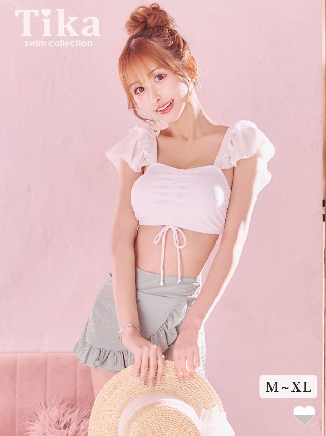 水着 バストドロストビスチェ×フレアラップ風スカート体型カバーフリル韓国風タンキニ