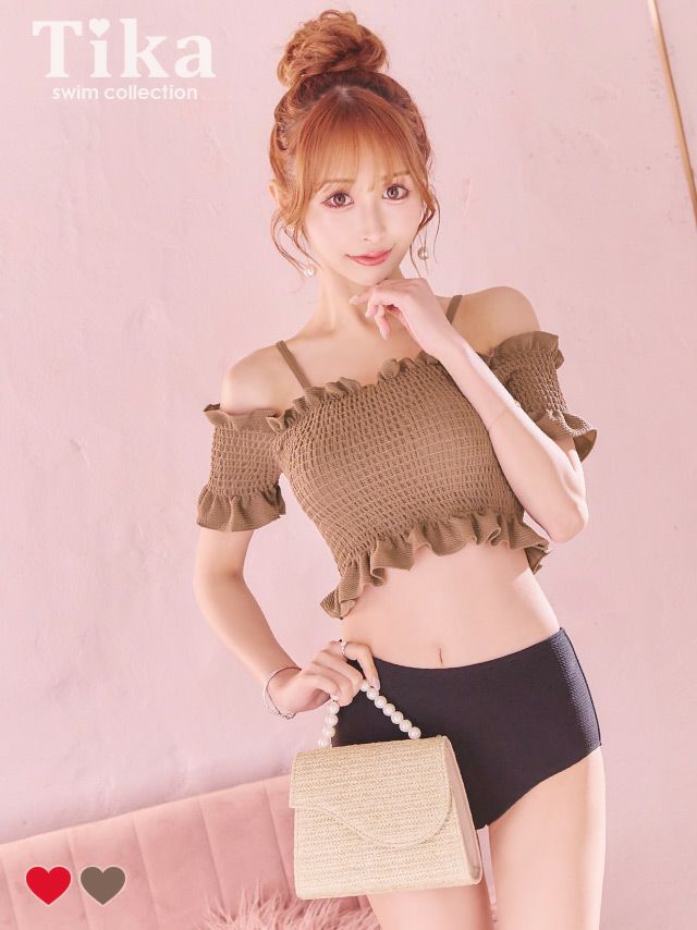 水着 ストラップ付きオフショルギャザーフリルビスチェ体型カバーバイカラーハイウエスト韓国風タンキニ