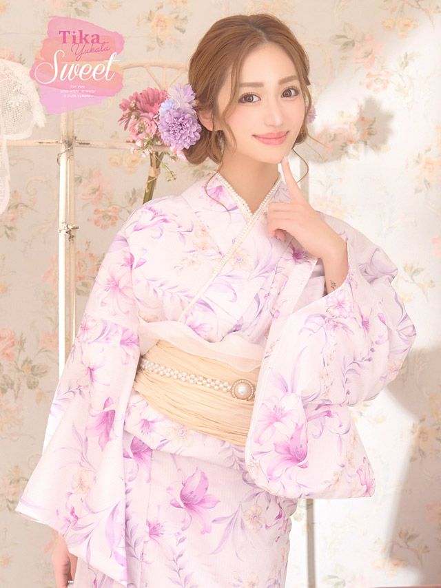 [浴衣] SWEET ニュアンスピンクリリー 3点セット (ゆかた・兵児帯・下駄)