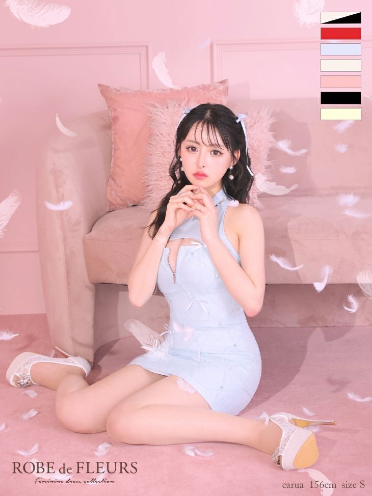 キャバドレス ミニドレス ROBEdeFLEURS ローブドフルール 高級ホルターネックキルティングリボンバストカットジップフレアミニドレス