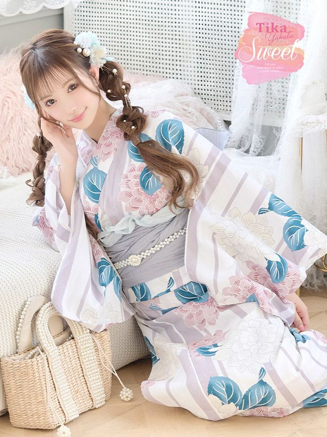 [浴衣] 変わり縞×大輪ダリア SWEETシリーズ 2点セット (ゆかた・兵児帯)