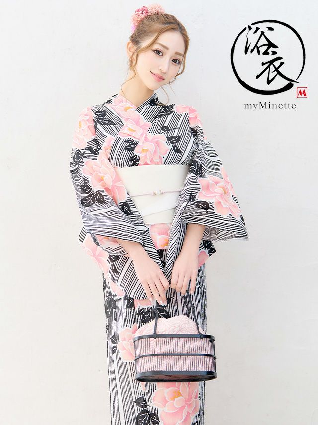 [浴衣] プチプラ 安い 白地×ピンクフラワー ゆかた2点セット (ゆかた・平帯)