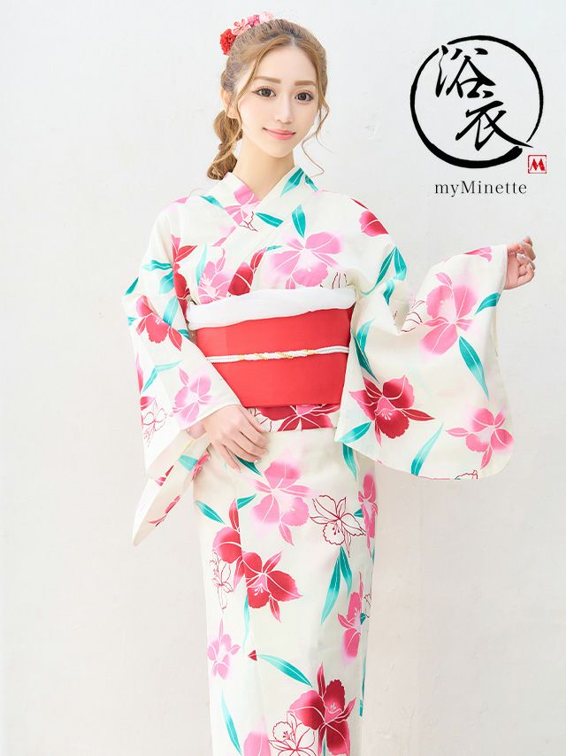 [浴衣] プチプラ 安い 白地×カラフル百合 3点セット (ゆかた・作り帯・下駄)