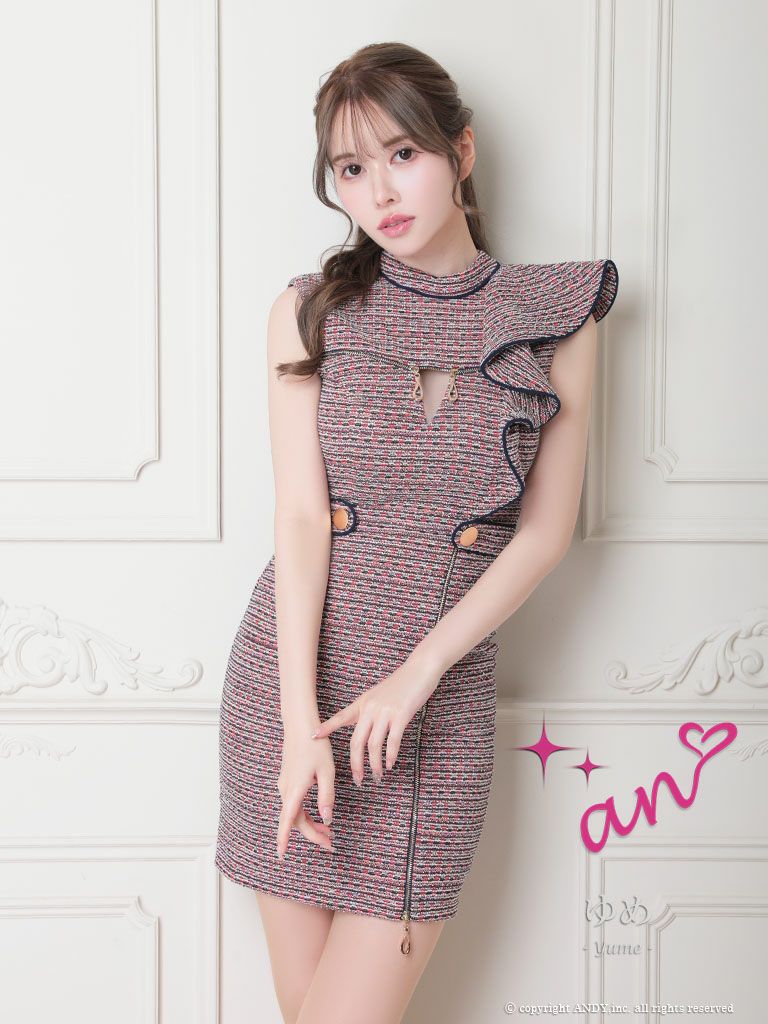 キャバドレス Andy アンディ 高級ツイードジップノースリーブタイトミニドレス
