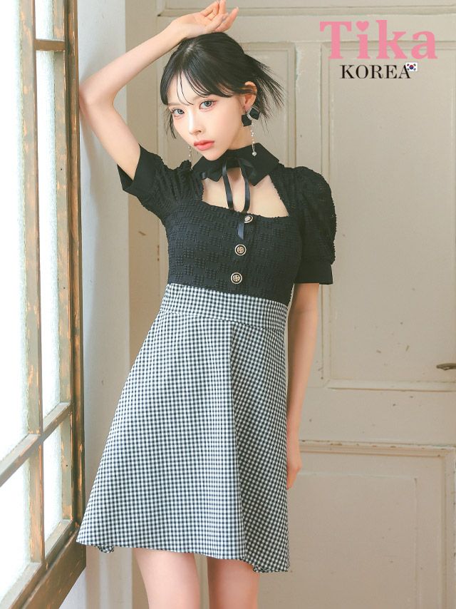 メイン画像 キャバドレス 韓国 [SALE] ミニドレス ネックリボン 襟付き 半袖 パフスリーブ バストカット ギンガムチェック柄 谷間魅せ Aライン キャバドレス (緩苺着用) [tk-mdk916-w]