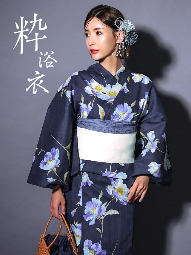 [浴衣 選べる帯] 粋 濃紺地×油彩牡丹 3点セット (ゆかた・平帯or作り帯・下駄)