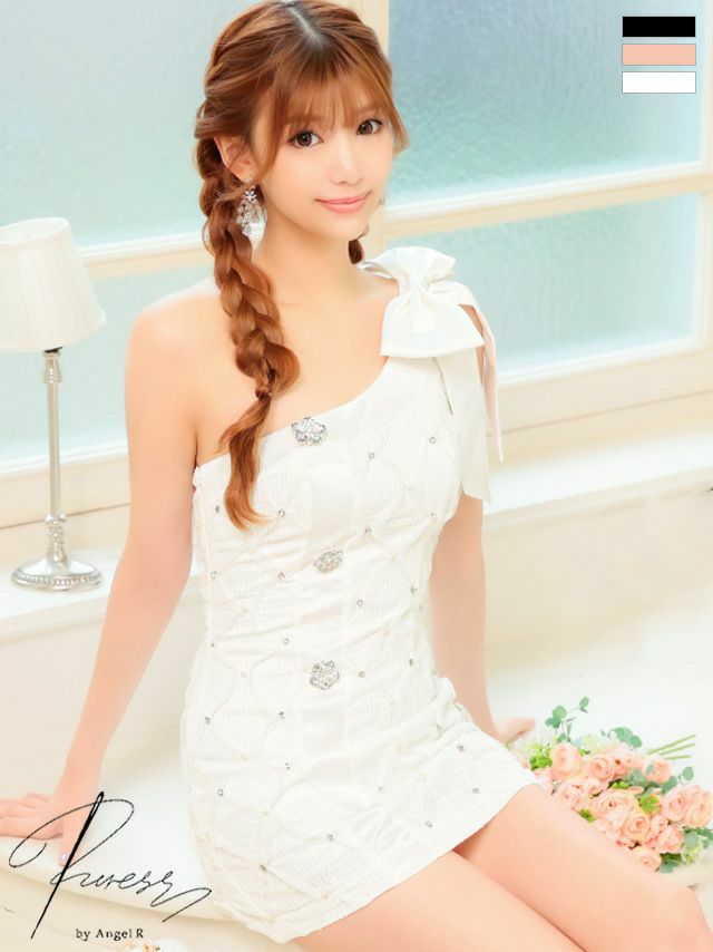 キャバドレス ミニドレス PURESS ピュアレス 高級フラワービジューバックウエストカットビックリボンワンショルダータイトミニドレス