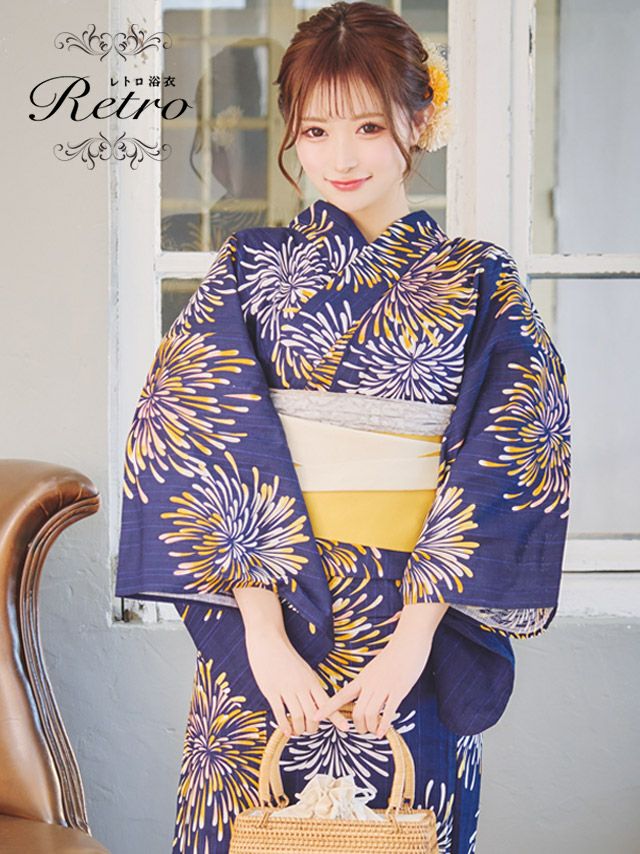 [浴衣 選べる帯] レトロ 紺地×イエロー花火 3点セット (ゆかた・平帯or作り帯・下駄)