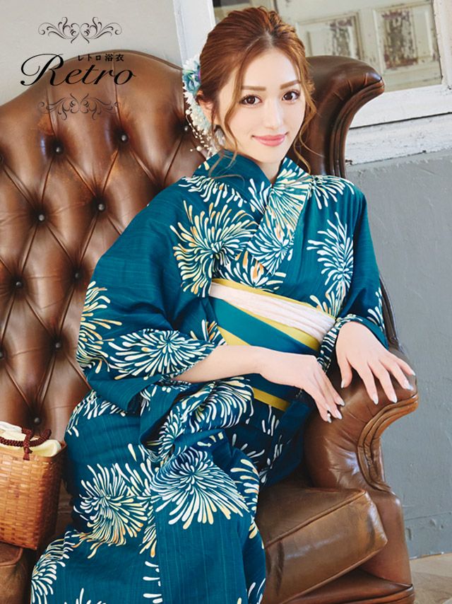 [浴衣 選べる帯] レトロ 青緑地×イエロー花火 3点セット (ゆかた・平帯or作り帯・下駄)