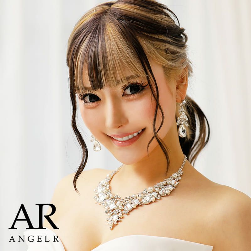 キャバアクセ キラキラ Angel-R エンジェルアール 高級リーフモチーフパールビジューネックレス＆ピアスセット