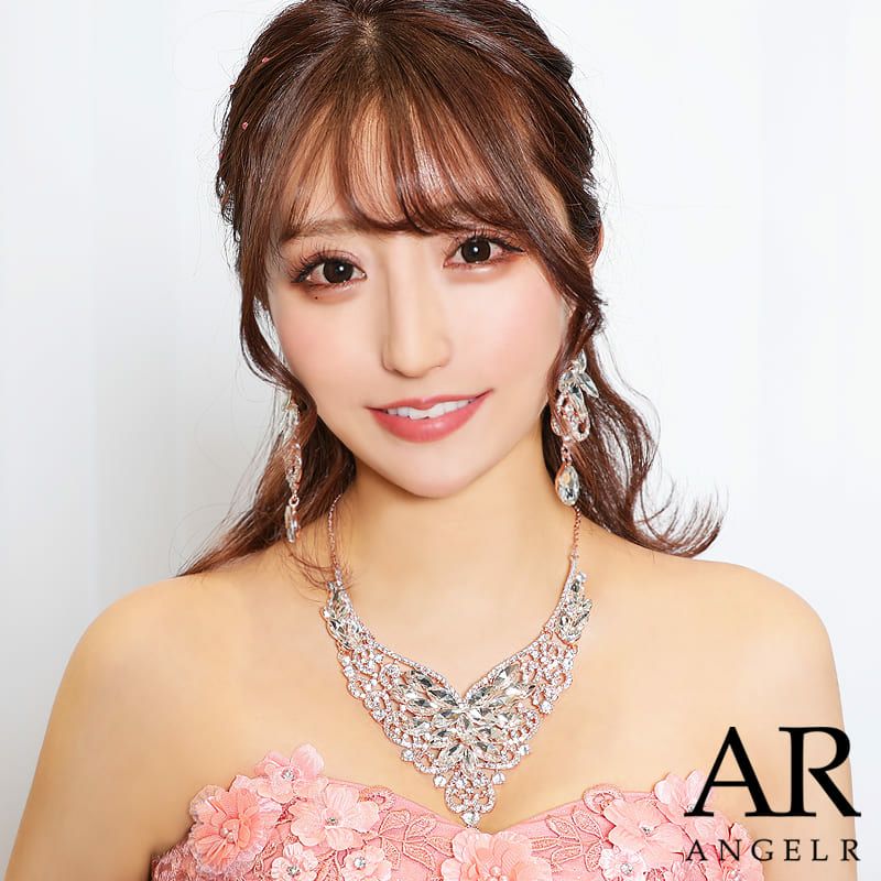 キャバアクセ キラキラ Angel-R エンジェルアール 高級ウィングモチーフビジューストーンネックレス＆ピアスセット