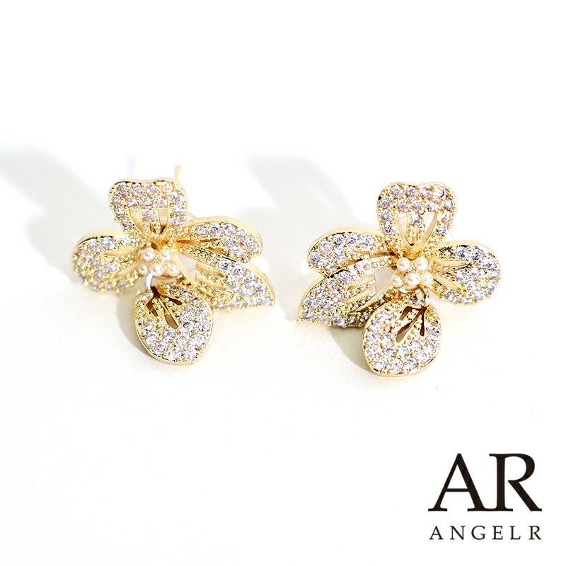 キャバアクセ キラキラ Angel-R エンジェルアール 高級フラワーパールビジューストーンピアス