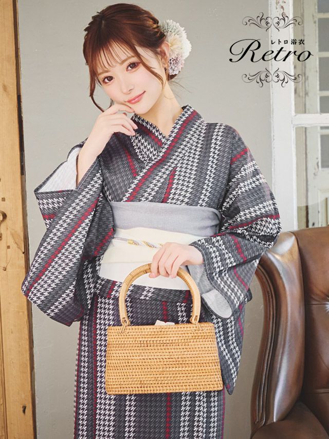 [浴衣 選べる帯] レトロ ツイード風チェック 3点セット (ゆかた・平帯or作り帯・下駄)