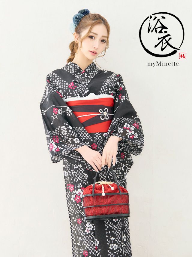 [浴衣] プチプラ 安い 黒地×しだれ桜 2点セット (ゆかた・平帯)
