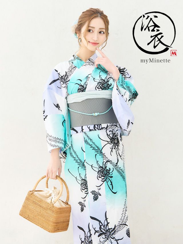 [浴衣] プチプラ 安い ニュアンスブルー×糸菊 2点セット (ゆかた・作り帯)