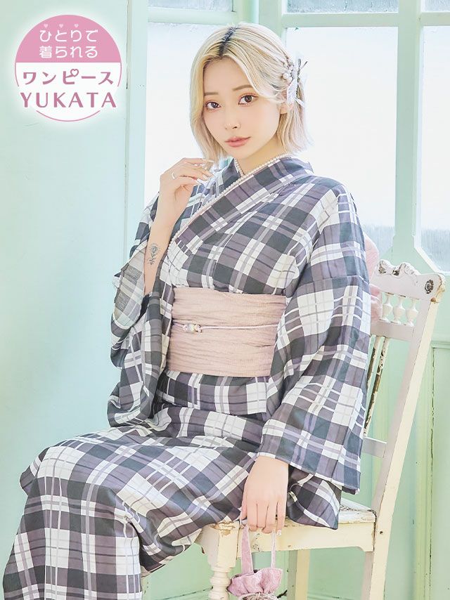 [ワンピース浴衣] モノトーンチェック レトロ 簡単 一人で着れる 3点セット (ゆかた羽織・ワンピース・兵児帯)