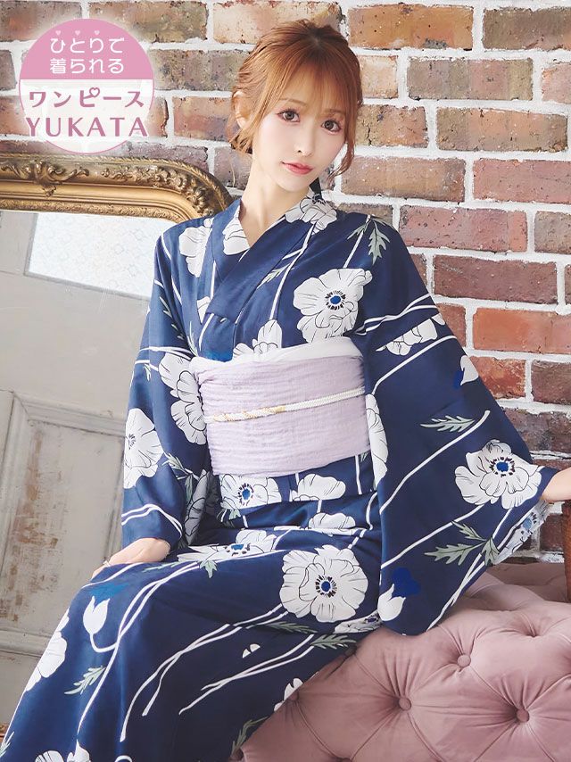 [ワンピース浴衣] 線画ホワイトポピー 簡単 一人で着れる 3点セット (ゆかた羽織・ワンピース・兵児帯)