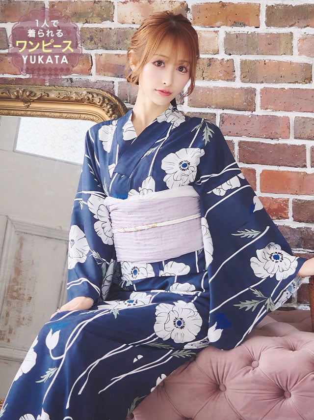 [ワンピース浴衣] 線画ホワイトポピー 簡単 一人で着れる 3点セット (ゆかた羽織・ワンピース・兵児帯)