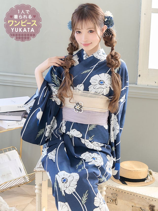 [ワンピース浴衣] ネイビー線画ポピー レトロ 簡単 一人で着れる 3点セット (ゆかた羽織・ワンピース・兵児帯)