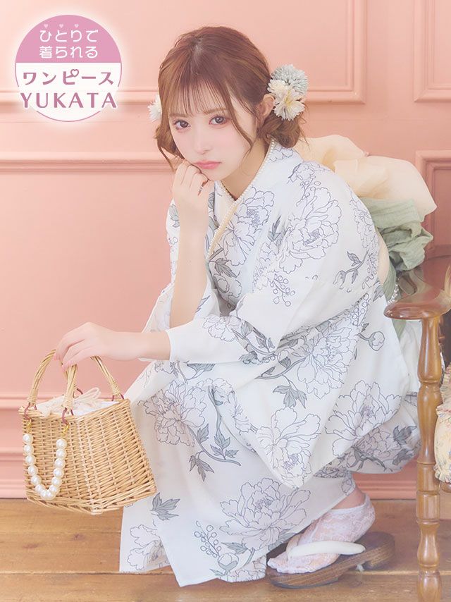 [ワンピース浴衣] クリーム×繊細フラワー SWEETシリーズ 簡単 一人で着れる 3点セット (ゆかた羽織・ワンピース・兵児帯)