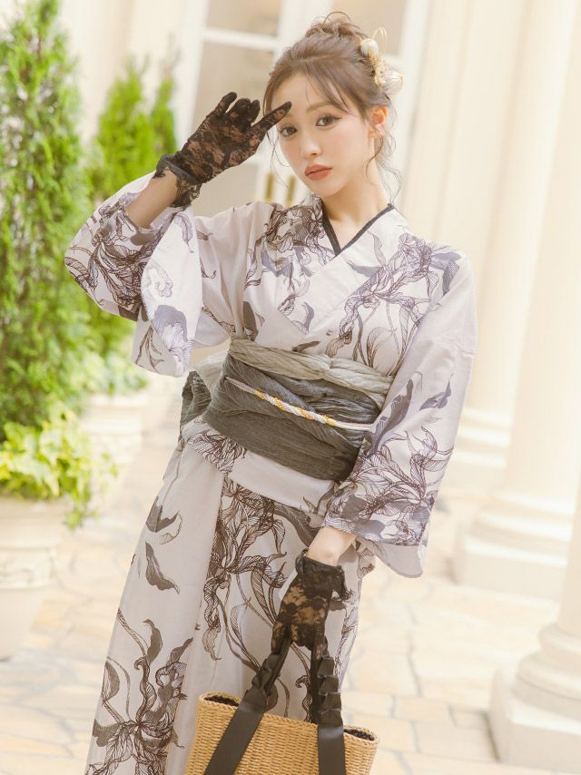 [浴衣] レトロ モノトーンリーフ 3点セット (ゆかた・兵児帯・下駄)