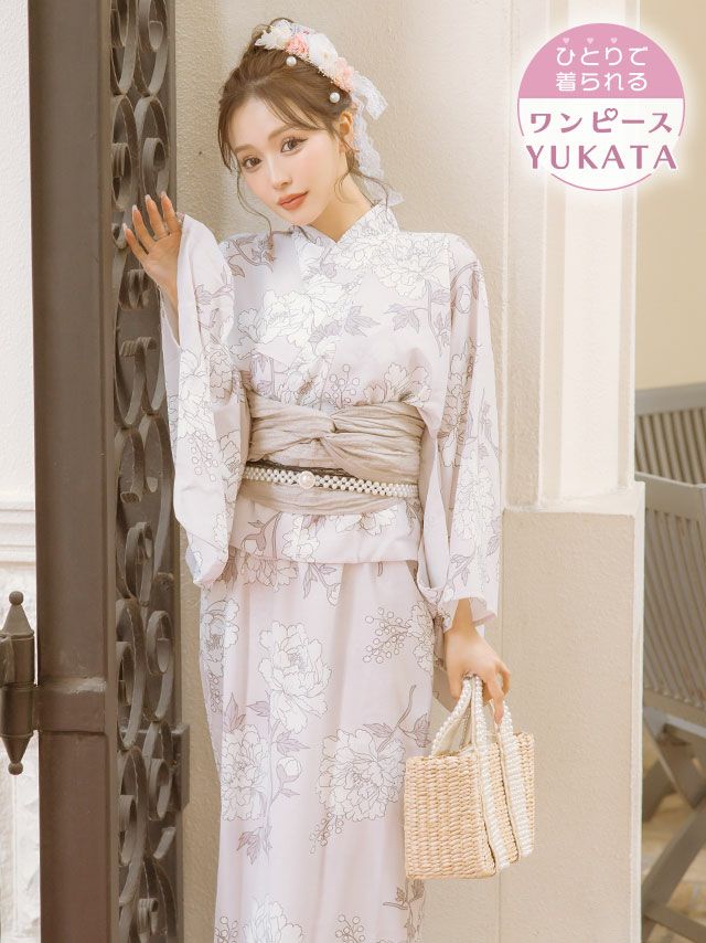 [ワンピース浴衣] メルティピンク×繊細ホワイトフラワー レトロ せいせい着用 簡単 一人で着れる 3点セット (ゆかた羽織・ワンピース・兵児帯)