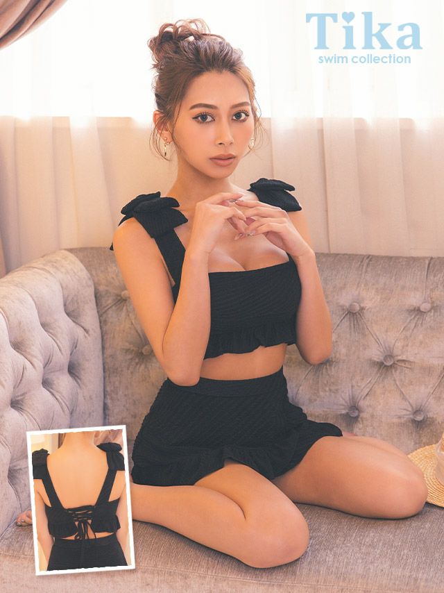 水着 ショルダーリボンビスチェ×ハイウエストフレアフリルスカート体型カバー韓国風タンキニ